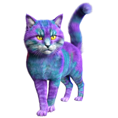 Saydam arka planda izole edilmiş 3 boyutlu fantezi renkli kedi