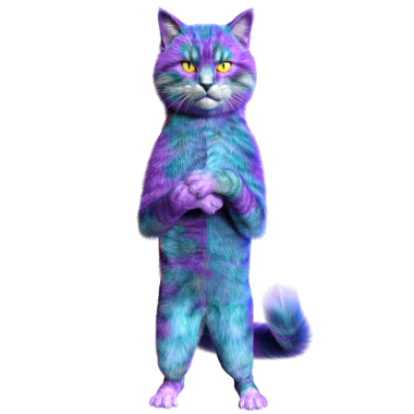 Saydam arka planda izole edilmiş 3 boyutlu fantezi renkli kedi