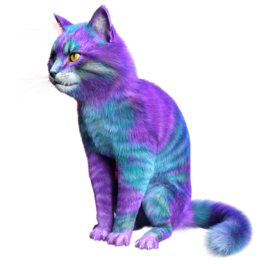 Saydam arka planda izole edilmiş 3 boyutlu fantezi renkli kedi