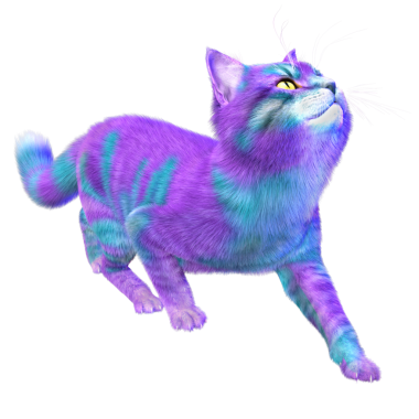 Saydam arka planda izole edilmiş 3 boyutlu fantezi renkli kedi