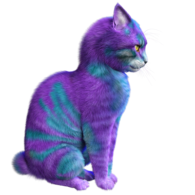 Saydam arka planda izole edilmiş 3 boyutlu fantezi renkli kedi