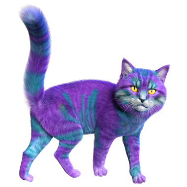 Saydam arka planda izole edilmiş 3 boyutlu fantezi renkli kedi