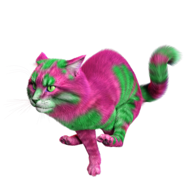 Saydam arka planda izole edilmiş 3 boyutlu fantezi renkli kedi