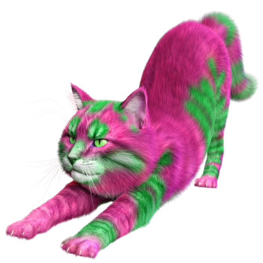 Saydam arka planda izole edilmiş 3 boyutlu fantezi renkli kedi