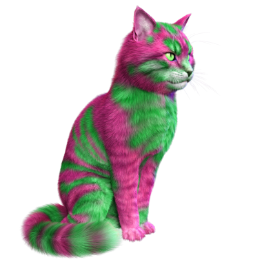 Saydam arka planda izole edilmiş 3 boyutlu fantezi renkli kedi