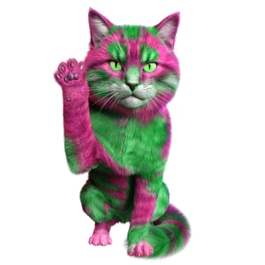Saydam arka planda izole edilmiş 3 boyutlu fantezi renkli kedi