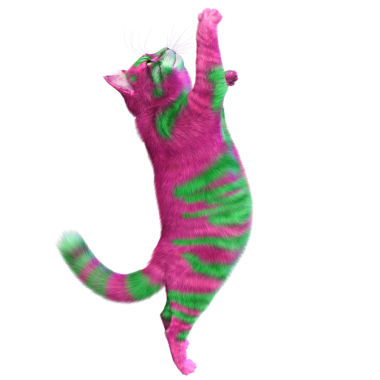 Saydam arka planda izole edilmiş 3 boyutlu fantezi renkli kedi