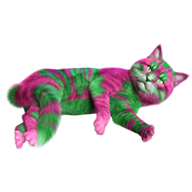 Saydam arka planda izole edilmiş 3 boyutlu fantezi renkli kedi