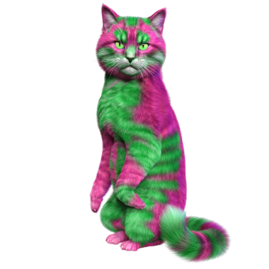 Saydam arka planda izole edilmiş 3 boyutlu fantezi renkli kedi