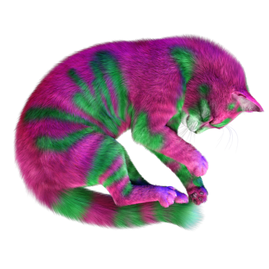 Saydam arka planda izole edilmiş 3 boyutlu fantezi renkli kedi