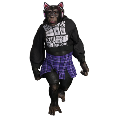 Üç boyutlu bir kadın şempanze, havalı şehir kıyafetleri içinde bir askılı etek, bir kapüşonlu ve kulaklık ve kedi kulaklığı takıyor..