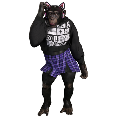 Üç boyutlu bir kadın şempanze, havalı şehir kıyafetleri içinde bir askılı etek, bir kapüşonlu ve kulaklık ve kedi kulaklığı takıyor..