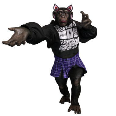 Üç boyutlu bir kadın şempanze, havalı şehir kıyafetleri içinde bir askılı etek, bir kapüşonlu ve kulaklık ve kedi kulaklığı takıyor..