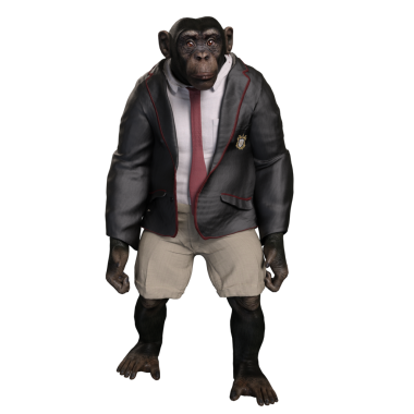 Takım elbiseli, elinde bavul tutan 3 boyutlu bir şempanze..