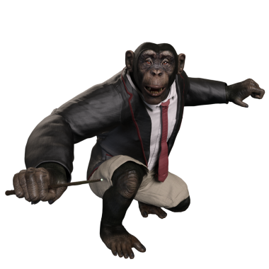 Takım elbiseli, elinde bavul tutan 3 boyutlu bir şempanze..