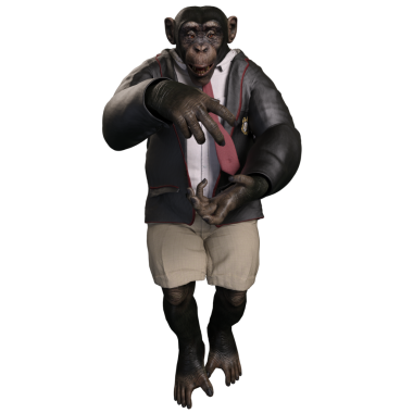 Takım elbiseli, elinde bavul tutan 3 boyutlu bir şempanze..