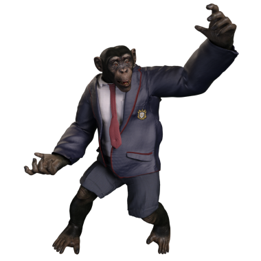 Takım elbiseli, elinde bavul tutan 3 boyutlu bir şempanze..