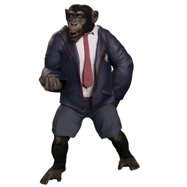 Takım elbiseli, elinde bavul tutan 3 boyutlu bir şempanze..