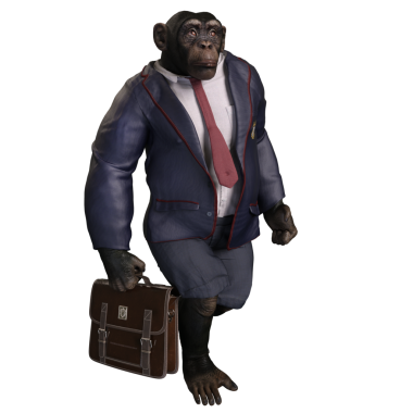 Takım elbiseli, elinde bavul tutan 3 boyutlu bir şempanze..