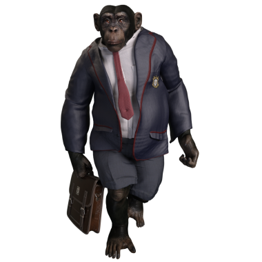 Takım elbiseli, elinde bavul tutan 3 boyutlu bir şempanze..