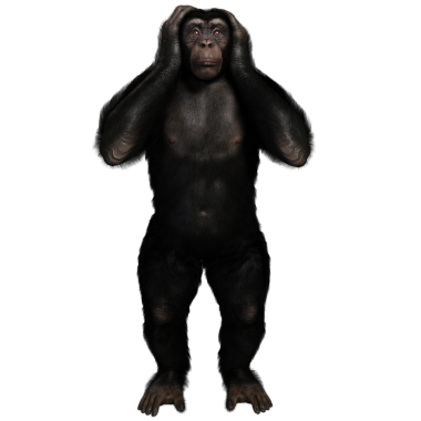 3 boyutlu, şeffaf bir arkaplanda izole edilmiş sevimli bir şempanzenin çizimi.