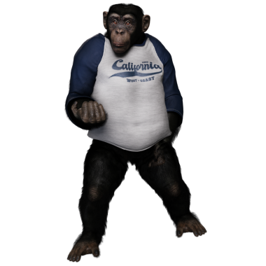 Şeffaf arka planda gömlek giymiş 3 boyutlu bir erkek şempanze..