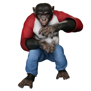 Şeffaf arka planda gömlek giymiş 3 boyutlu bir erkek şempanze..