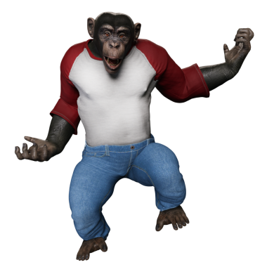 Şeffaf arka planda gömlek giymiş 3 boyutlu bir erkek şempanze..