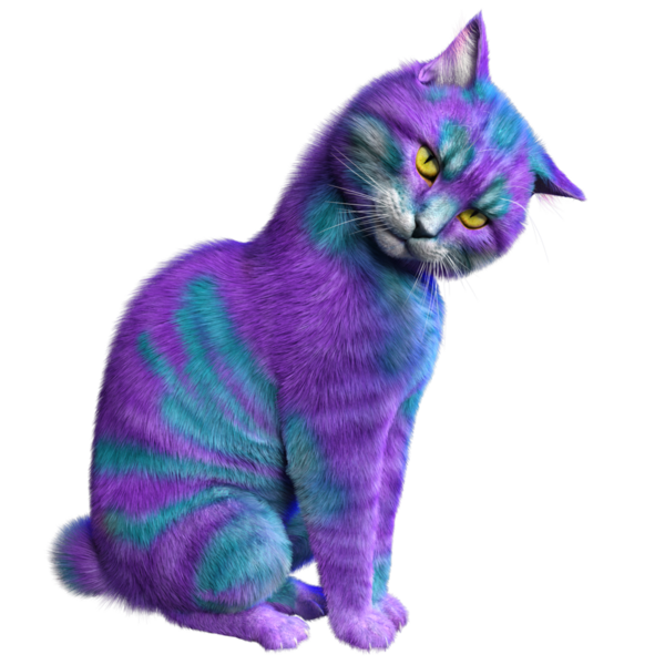 Saydam arka planda izole edilmiş 3 boyutlu fantezi renkli kedi