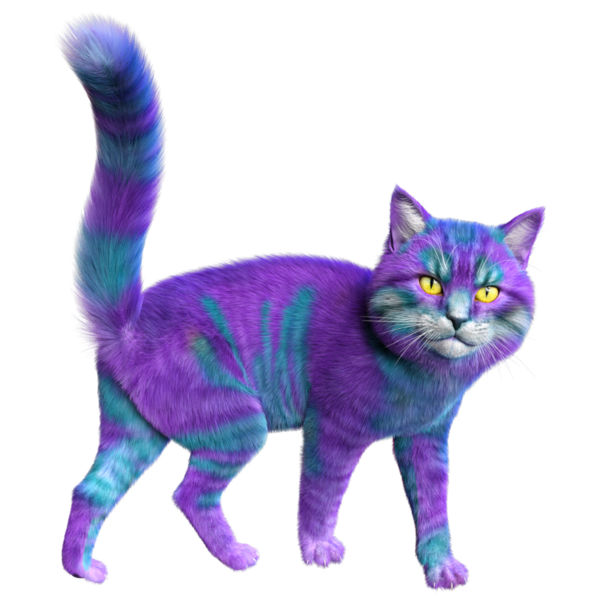 Saydam arka planda izole edilmiş 3 boyutlu fantezi renkli kedi