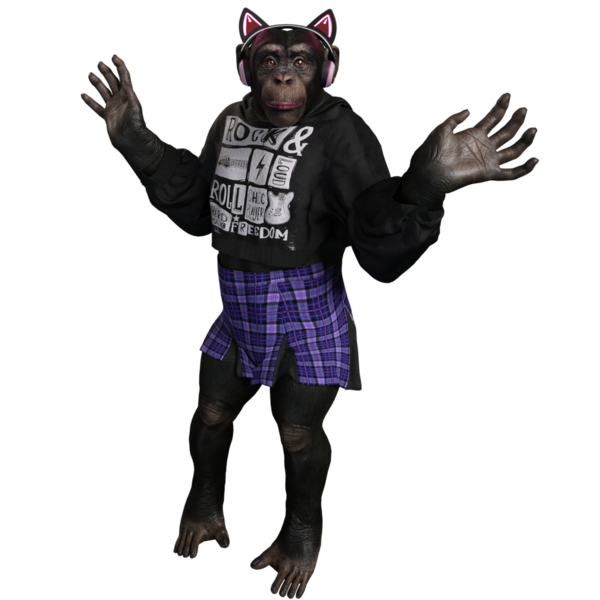 Üç boyutlu bir kadın şempanze, havalı şehir kıyafetleri içinde bir askılı etek, bir kapüşonlu ve kulaklık ve kedi kulaklığı takıyor..