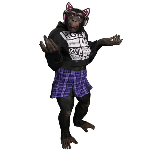 Üç boyutlu bir kadın şempanze, havalı şehir kıyafetleri içinde bir askılı etek, bir kapüşonlu ve kulaklık ve kedi kulaklığı takıyor..