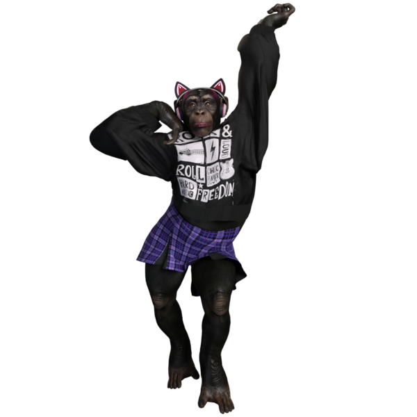 Üç boyutlu bir kadın şempanze, havalı şehir kıyafetleri içinde bir askılı etek, bir kapüşonlu ve kulaklık ve kedi kulaklığı takıyor..