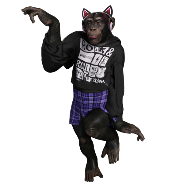 Üç boyutlu bir kadın şempanze, havalı şehir kıyafetleri içinde bir askılı etek, bir kapüşonlu ve kulaklık ve kedi kulaklığı takıyor..