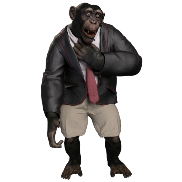 Takım elbiseli, elinde bavul tutan 3 boyutlu bir şempanze..