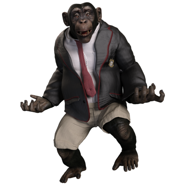 Takım elbiseli, elinde bavul tutan 3 boyutlu bir şempanze..