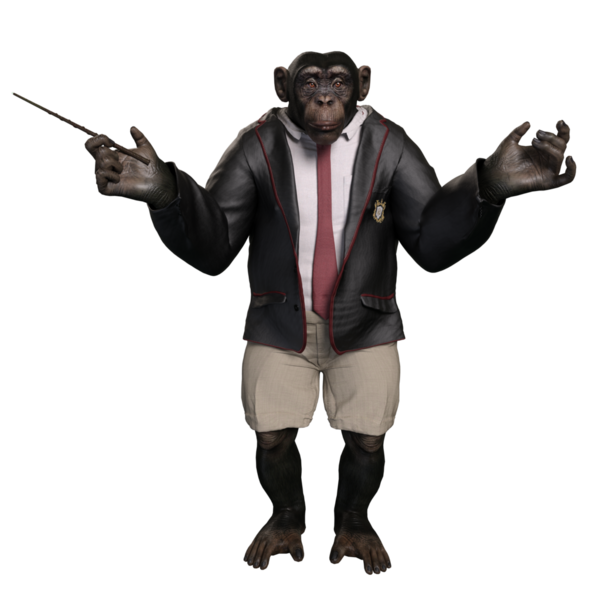 Takım elbiseli, elinde bavul tutan 3 boyutlu bir şempanze..