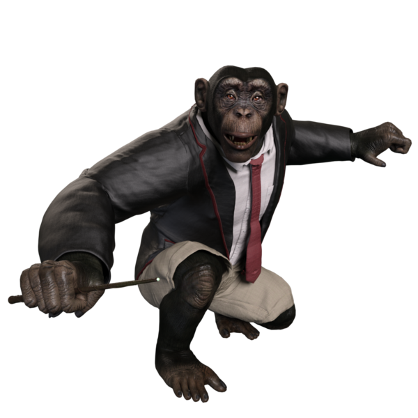 Takım elbiseli, elinde bavul tutan 3 boyutlu bir şempanze..