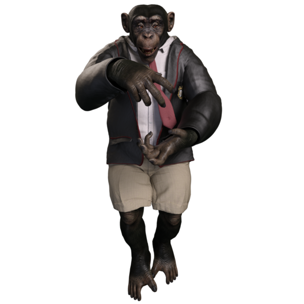 Takım elbiseli, elinde bavul tutan 3 boyutlu bir şempanze..