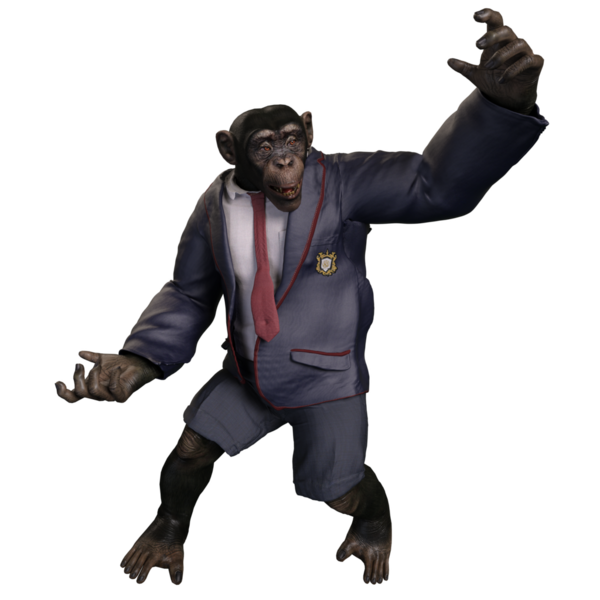 Takım elbiseli, elinde bavul tutan 3 boyutlu bir şempanze..