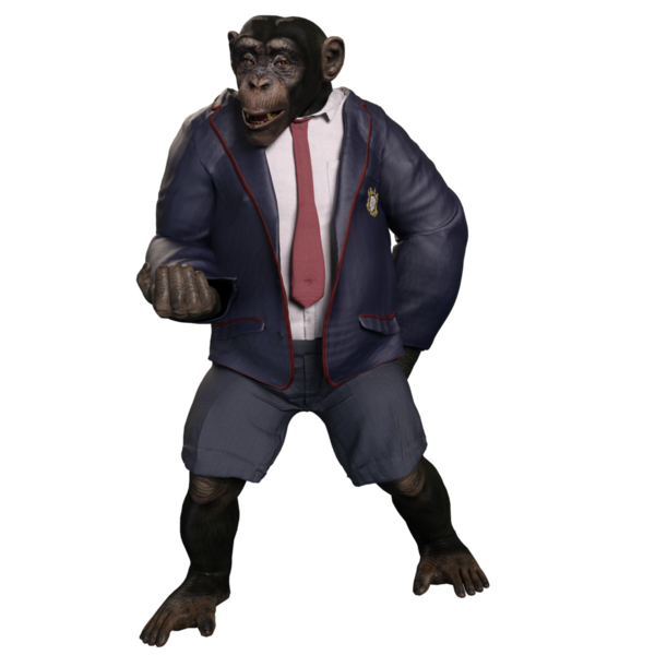 Takım elbiseli, elinde bavul tutan 3 boyutlu bir şempanze..