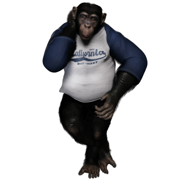 Şeffaf arka planda gömlek giymiş 3 boyutlu bir erkek şempanze..