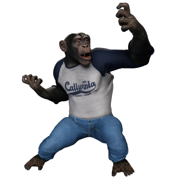 Şeffaf arka planda gömlek giymiş 3 boyutlu bir erkek şempanze..