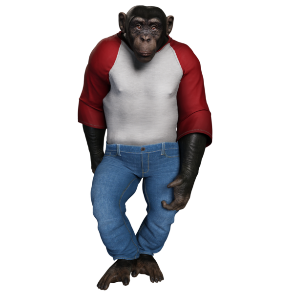 Şeffaf arka planda gömlek giymiş 3 boyutlu bir erkek şempanze..