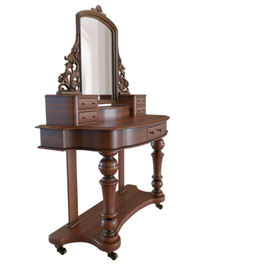 3 boyutlu ahşap makyaj masası ve şeffaf arkaplanda bir ayna var.