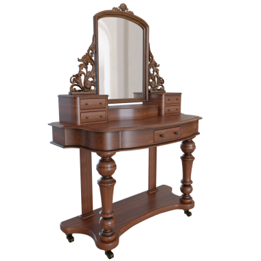 3 boyutlu ahşap makyaj masası ve şeffaf arkaplanda bir ayna var.