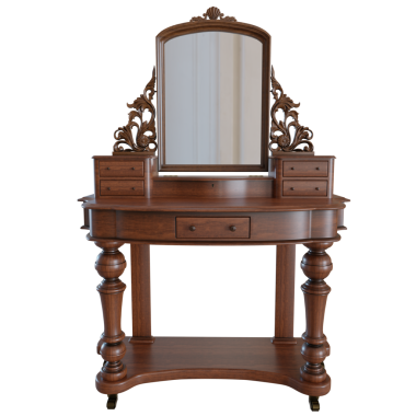 3 boyutlu ahşap makyaj masası ve şeffaf arkaplanda bir ayna var.