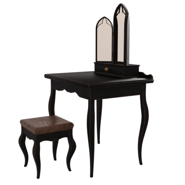 3D Viktorya dönemi makyaj masası ve şeffaf arkaplanda bir ayna var.