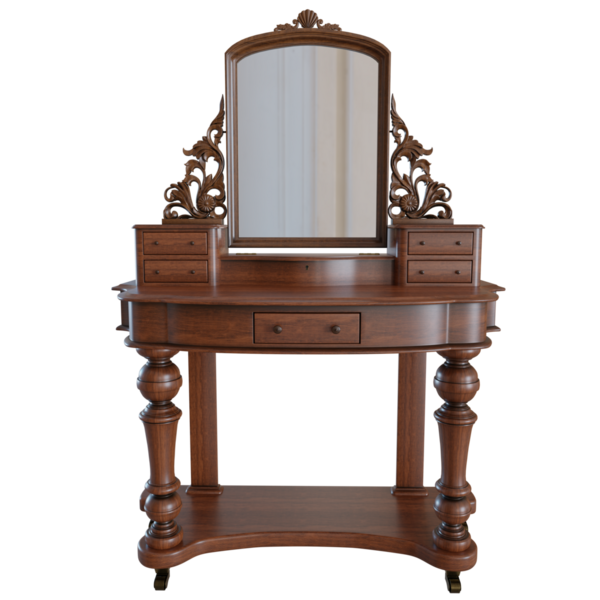 3 boyutlu ahşap makyaj masası ve şeffaf arkaplanda bir ayna var.