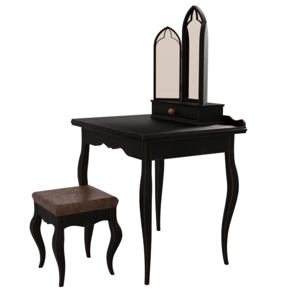 3D Viktorya dönemi makyaj masası ve şeffaf arkaplanda bir ayna var.